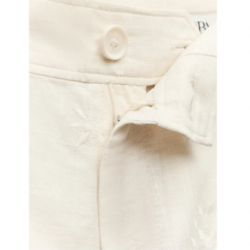 Zara ZW Collection Embroidered Ecru Linen Blend Pants XS